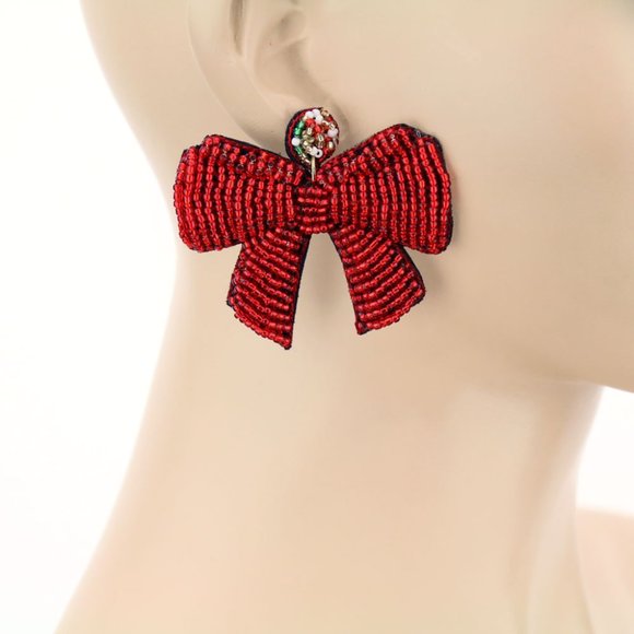 Christmas Ribbon Seed Beaded Statement Gift Red Bow Earrings NEW - Picture 3 of 4